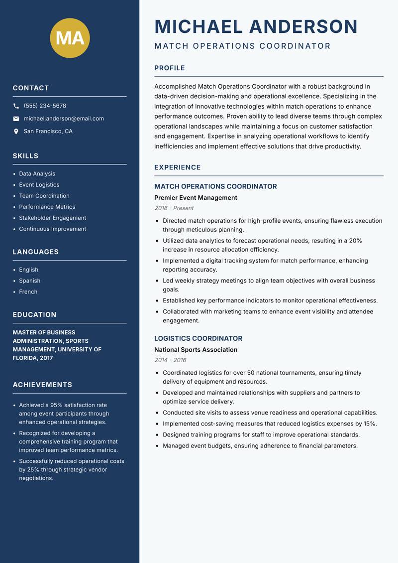 Match Operations Coordinator Resume Preview Example