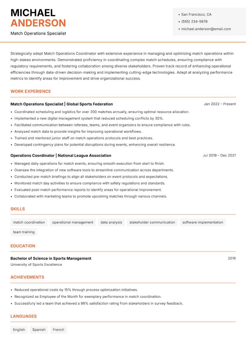 Match Operations Coordinator Resume Template