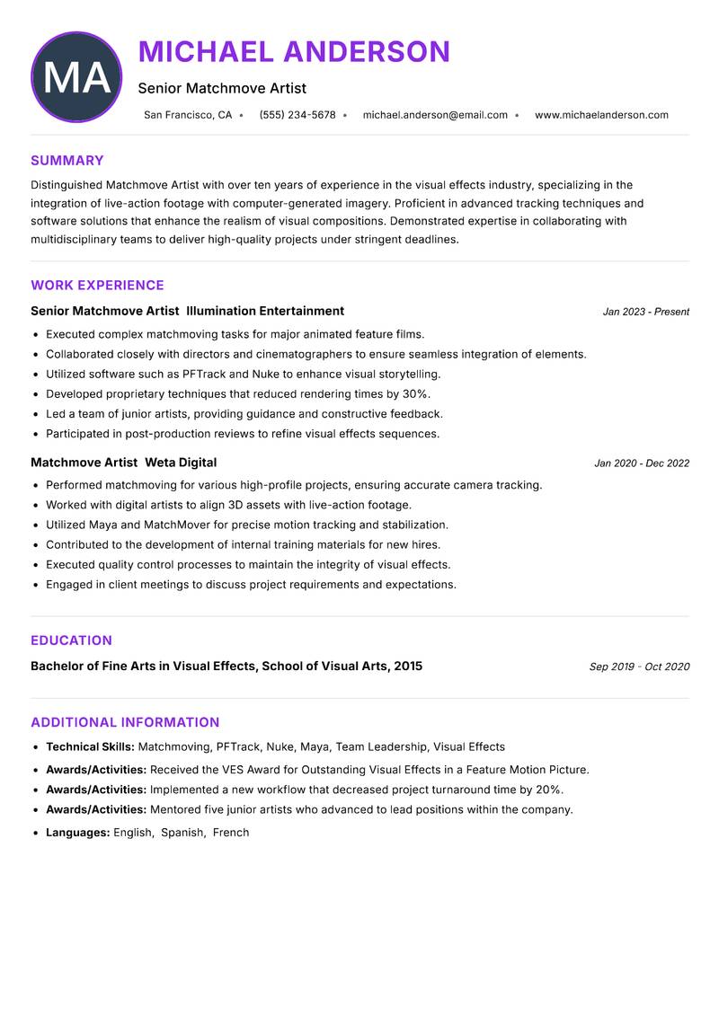 Matchmove Artist Resume Preview Example