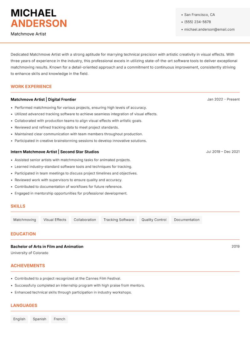 Matchmove Artist Resume Template