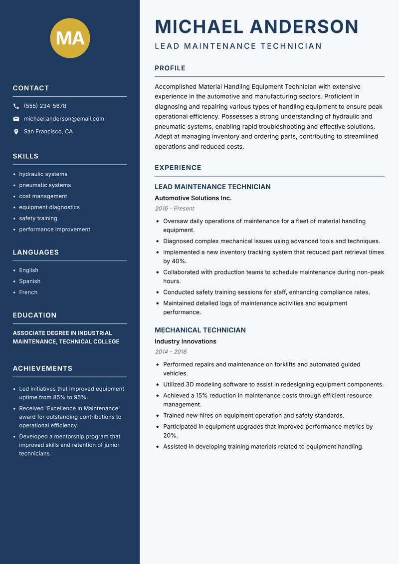 Material Handling Equipment Technician Resume Preview Example