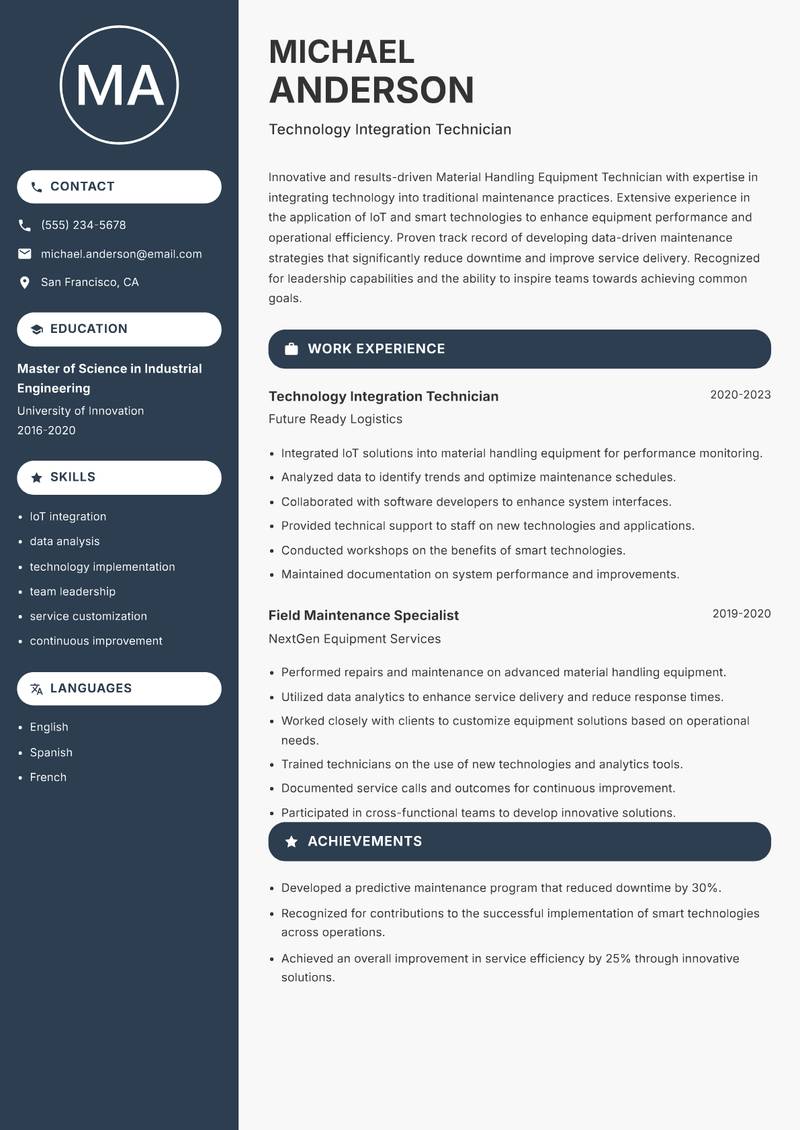 Material Handling Equipment Technician Resume Preview Example