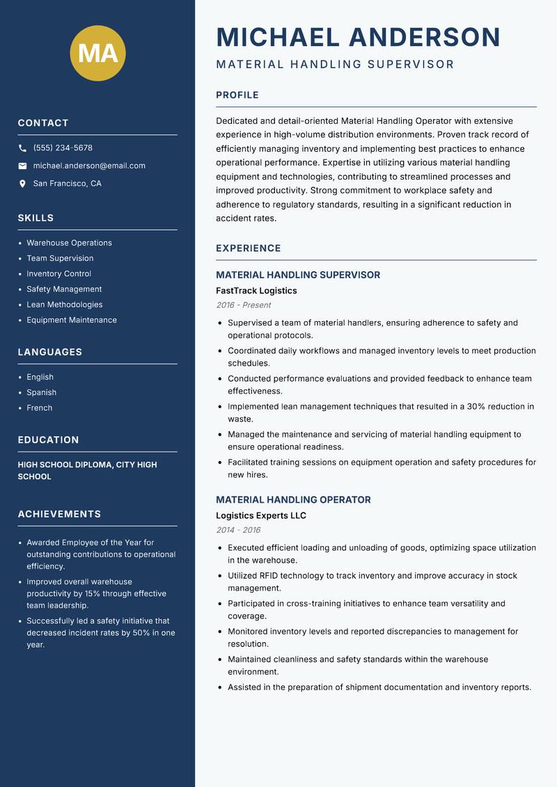 Material Handling Operator Resume Preview Example
