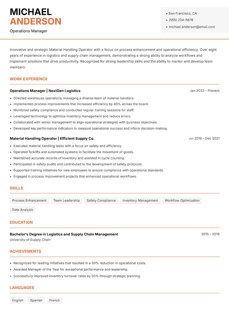 Material Handling Operator Resume Template