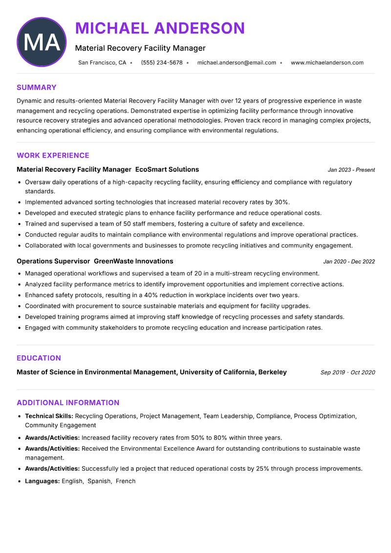 Material Recovery Facility Manager Resume Preview Example