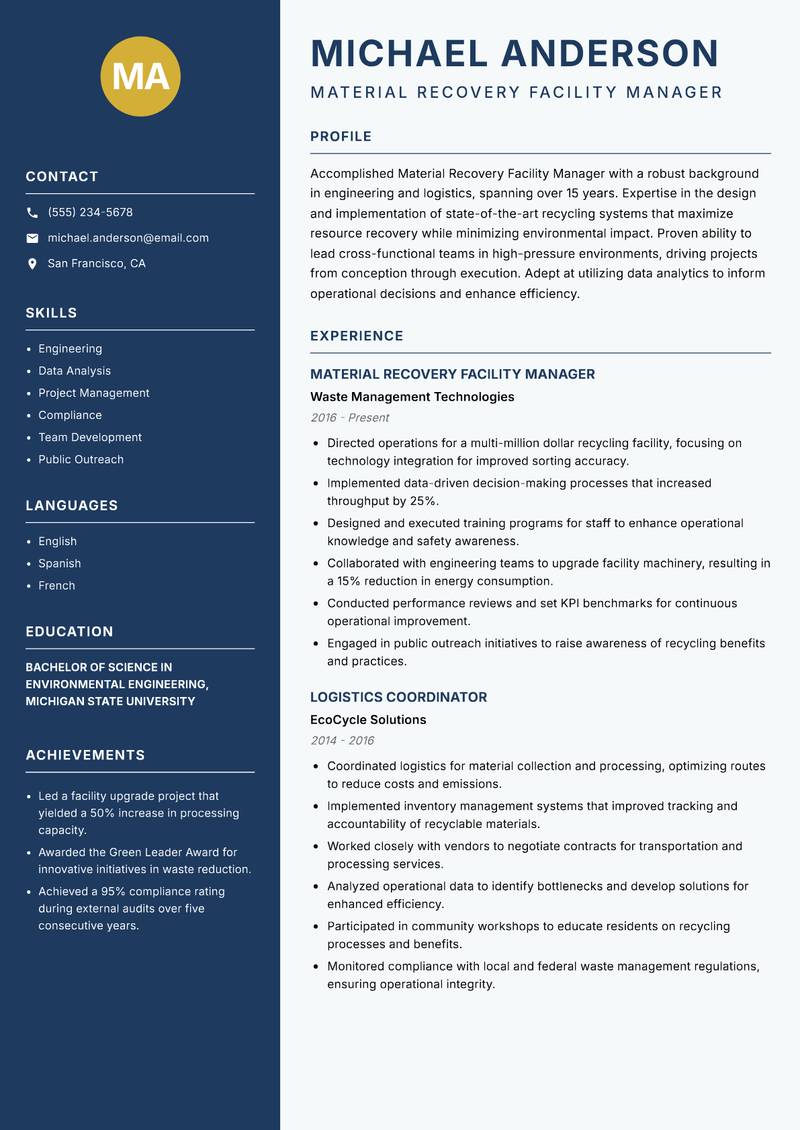 Material Recovery Facility Manager Resume Preview Example