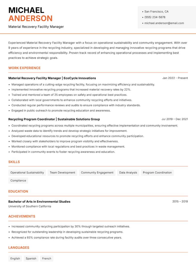 Material Recovery Facility Manager Resume Template