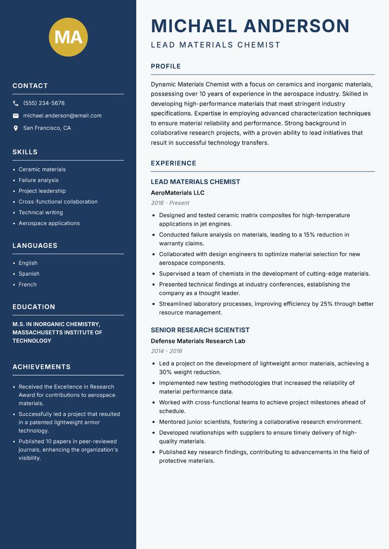 Materials Chemist Resume Preview Example