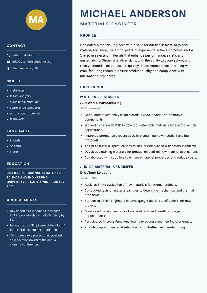 Materials Engineer Resume Preview Example