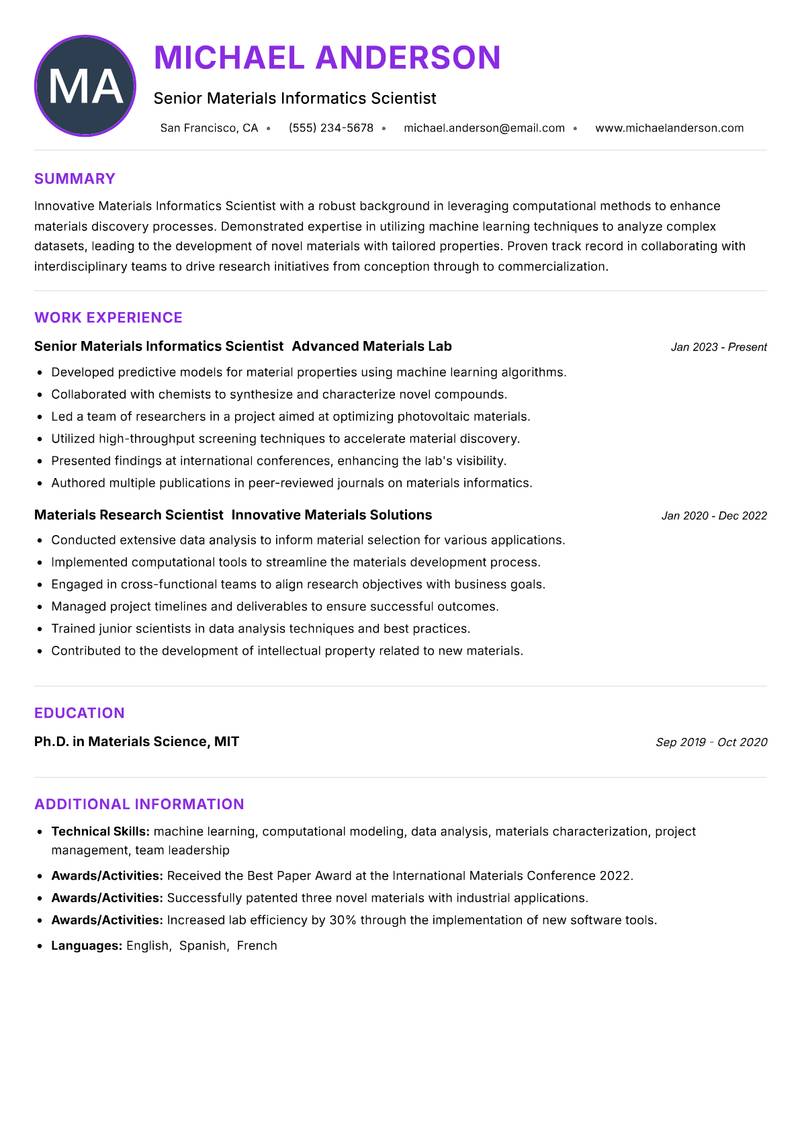 Materials Informatics Scientist Resume Preview Example
