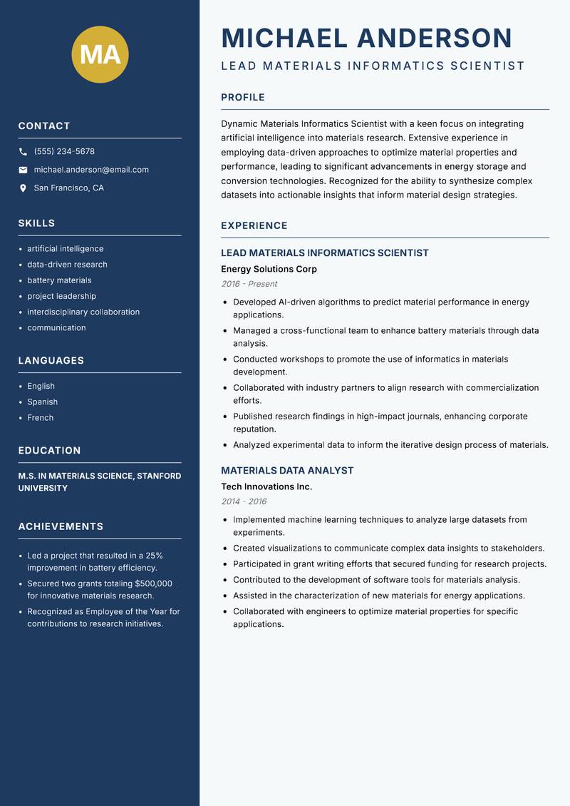 Materials Informatics Scientist Resume Preview Example