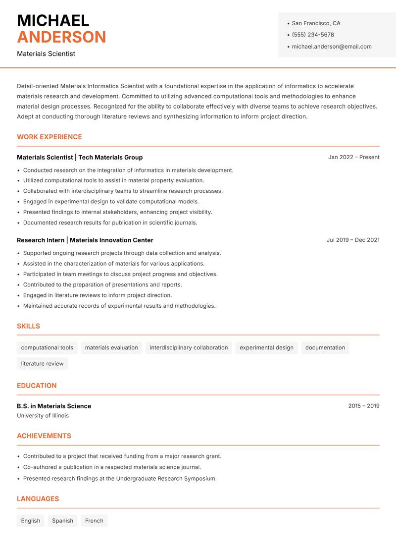 Materials Informatics Scientist Resume Template