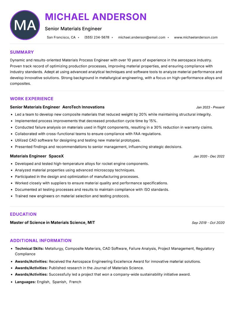 Materials Process Engineer Resume Preview Example