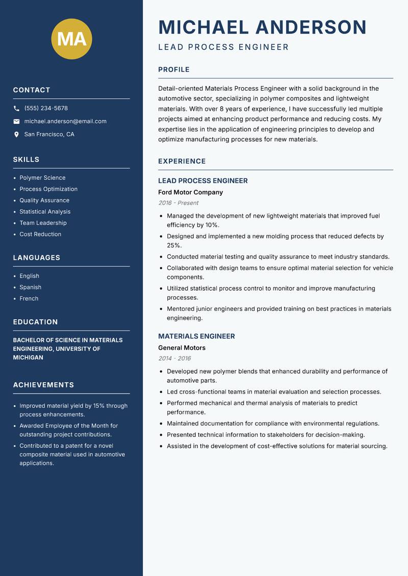 Materials Process Engineer Resume Preview Example