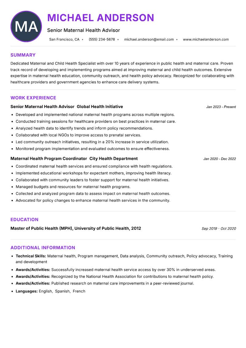 Maternal and Child Health Specialist Resume Preview Example