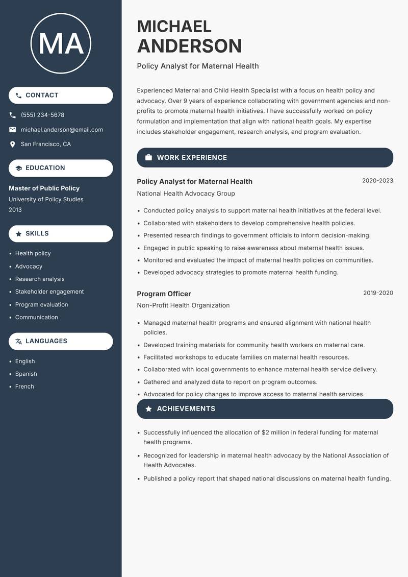Maternal and Child Health Specialist Resume Preview Example