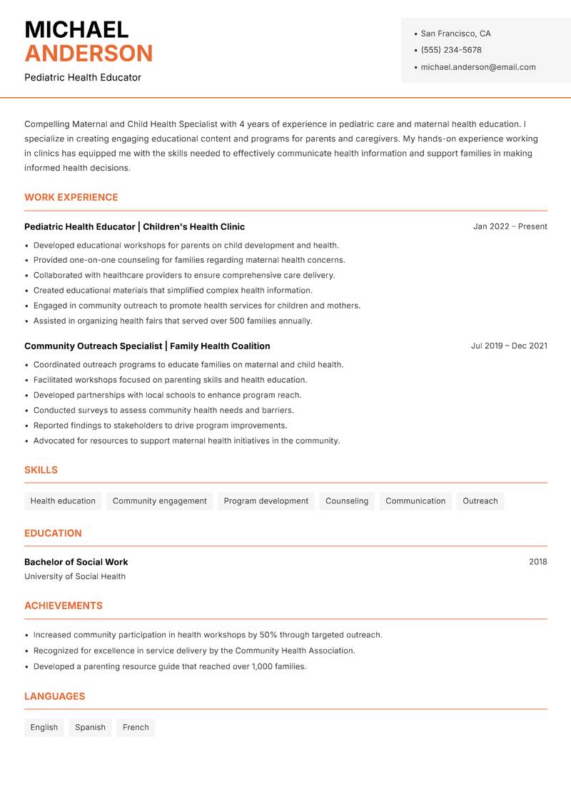 Maternal and Child Health Specialist Resume Template