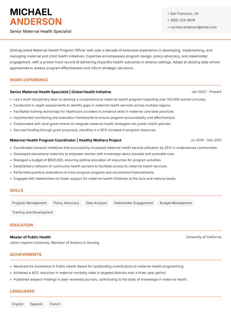 Maternal Health Program Officer Resume Template