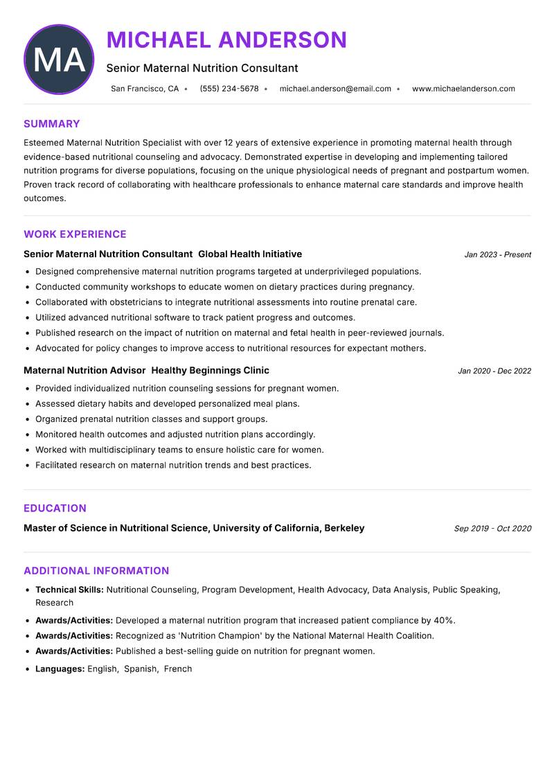 Maternal Nutrition Specialist Resume Preview Example