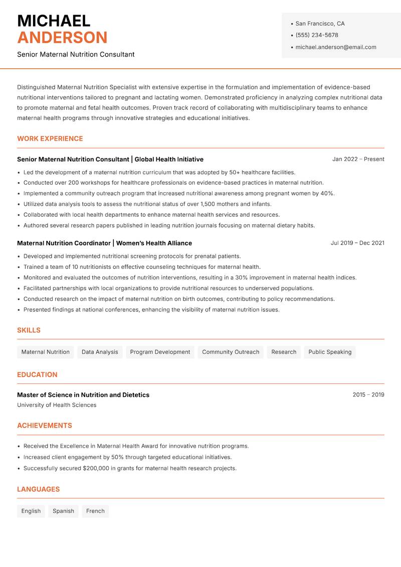 Maternal Nutrition Specialist Resume Template
