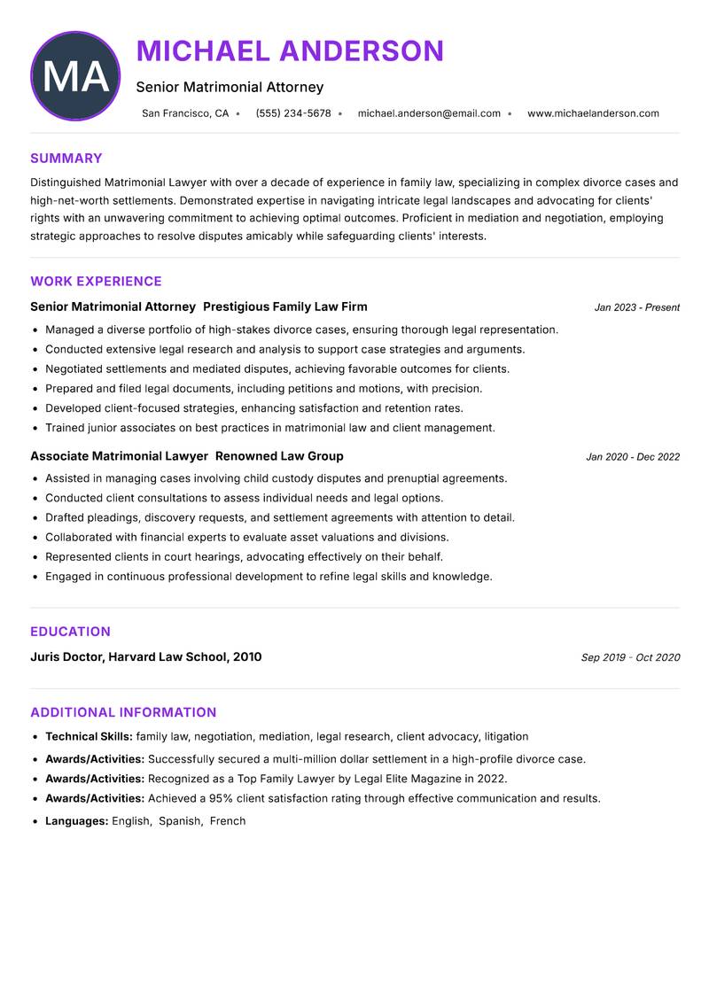 Matrimonial Lawyer Resume Preview Example