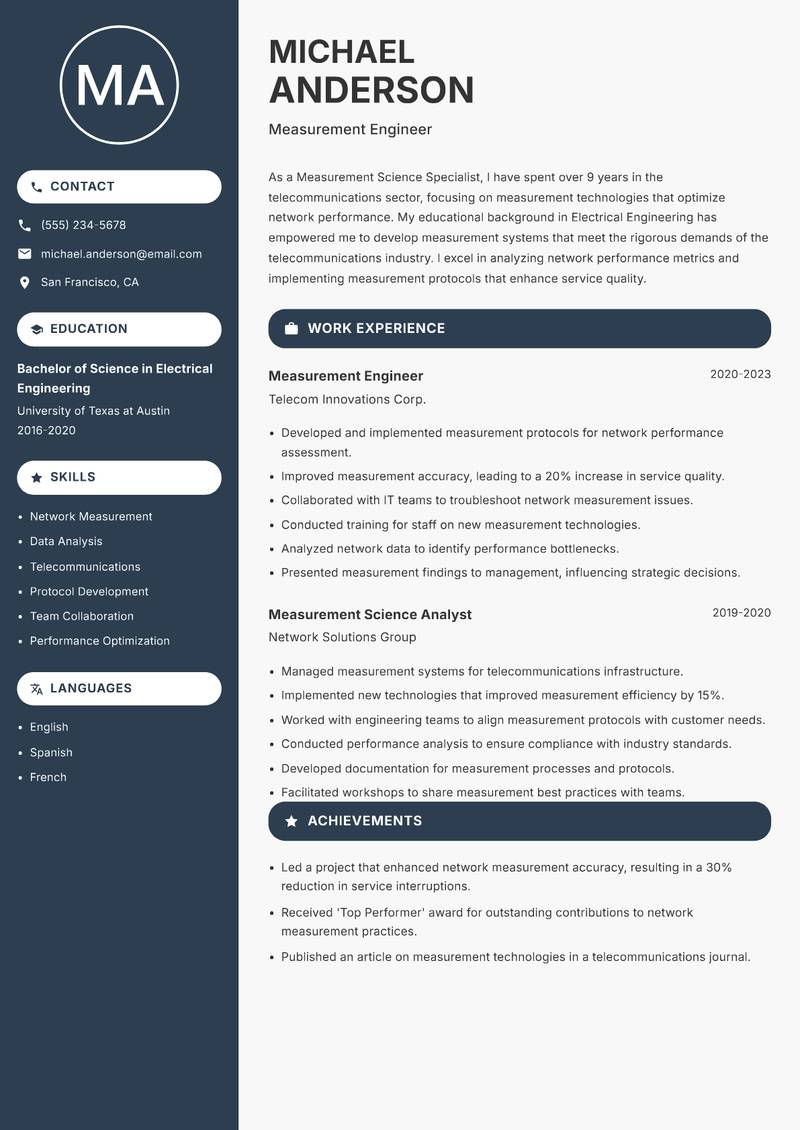 Measurement Science Specialist Resume Preview Example