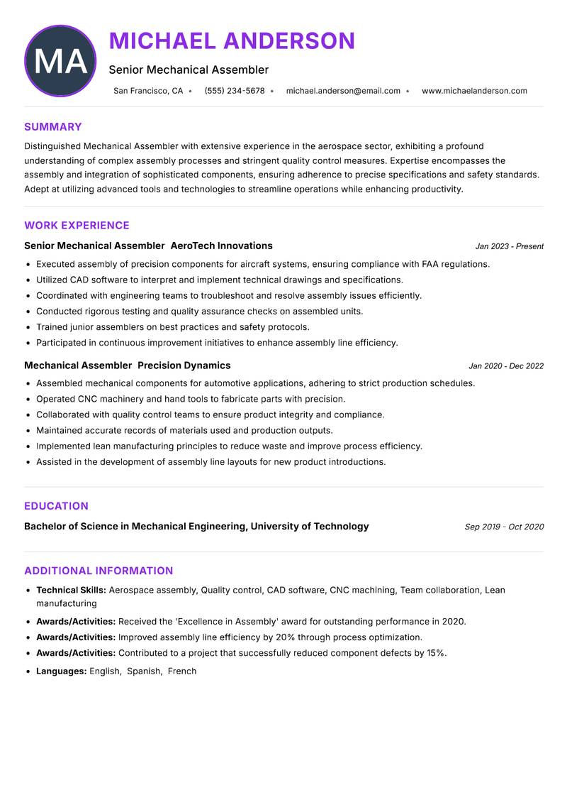 Mechanical Assembler Resume Preview Example