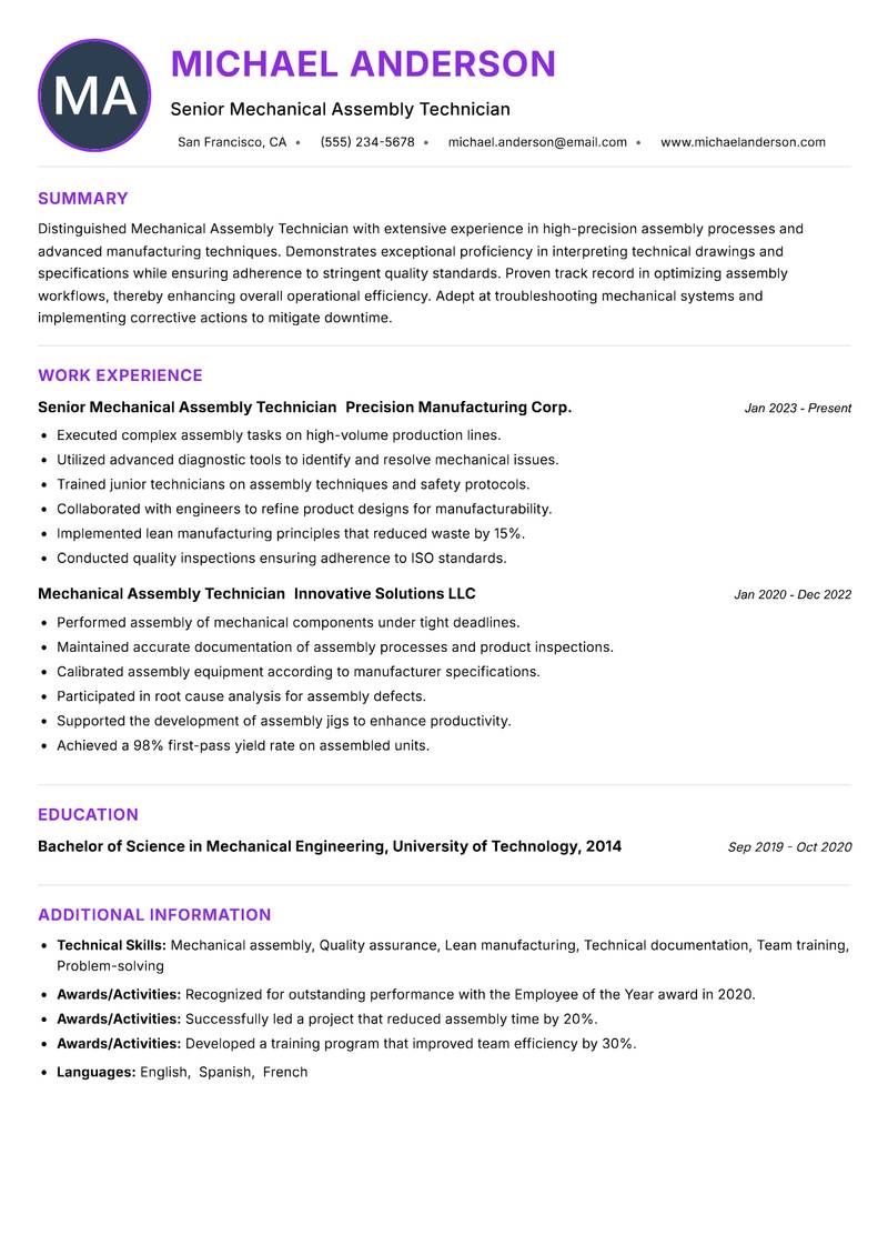 Mechanical Assembly Technician Resume Preview Example