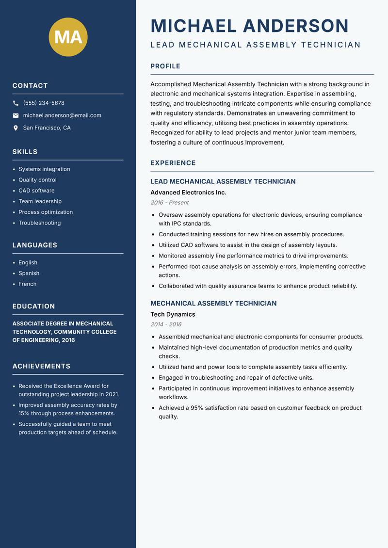 Mechanical Assembly Technician Resume Preview Example