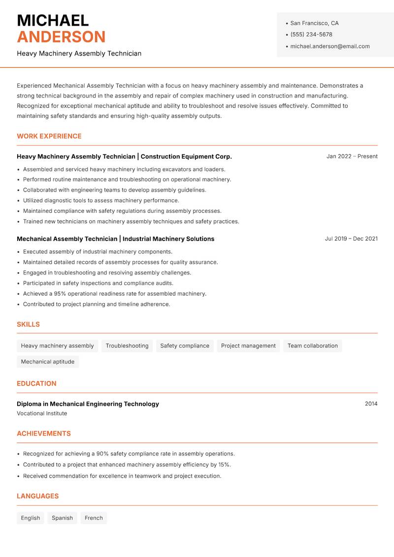 Mechanical Assembly Technician Resume Template