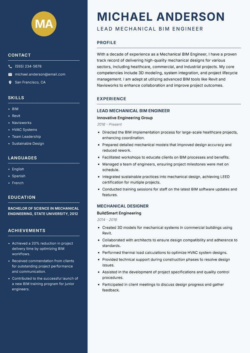 Mechanical BIM Engineer Resume Preview Example
