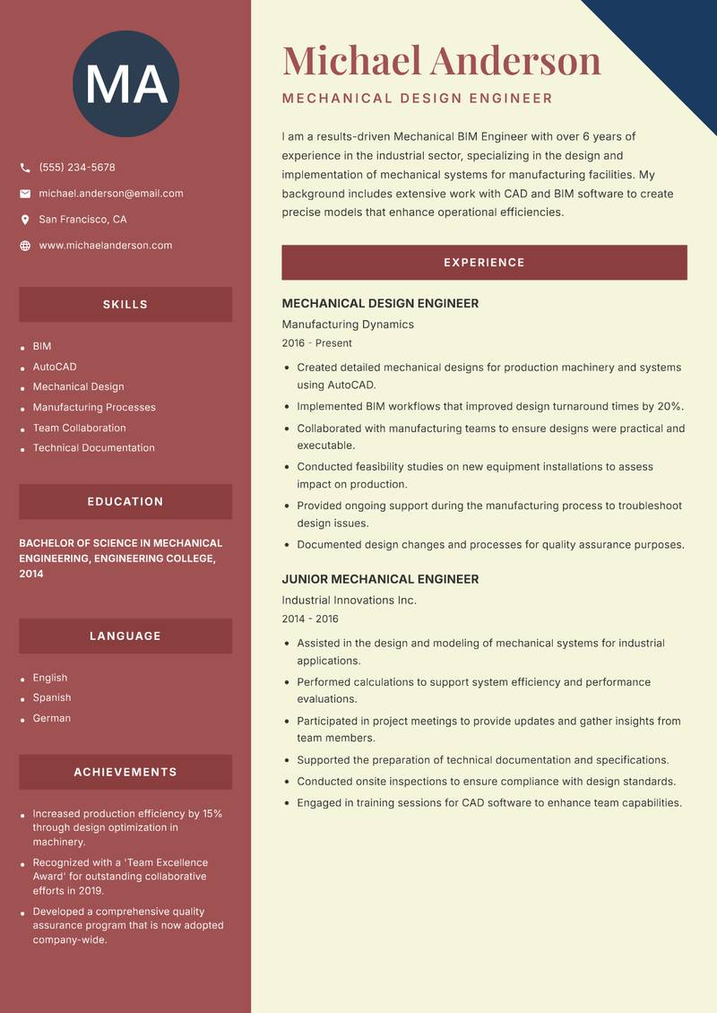 Mechanical BIM Engineer Resume Preview Example
