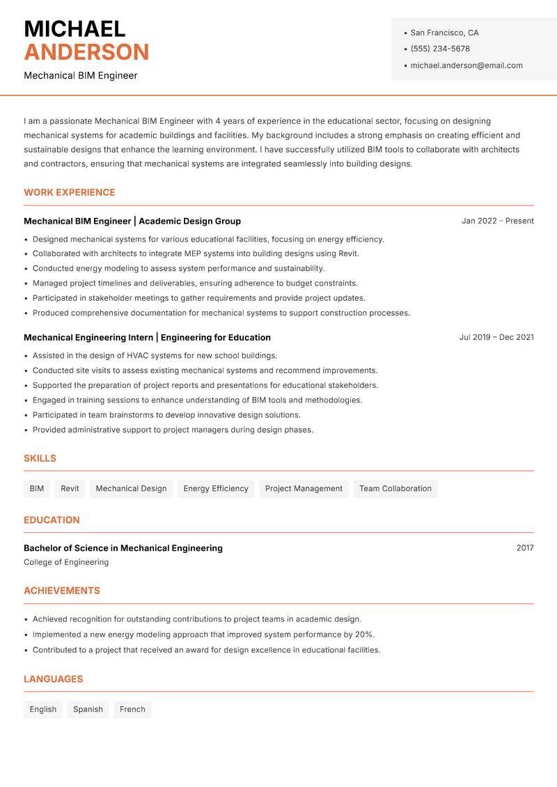 Mechanical BIM Engineer Resume Template