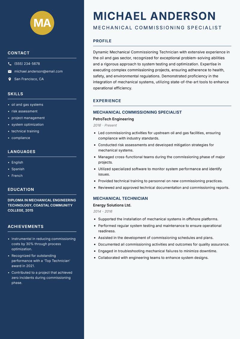 Mechanical Commissioning Technician Resume Preview Example