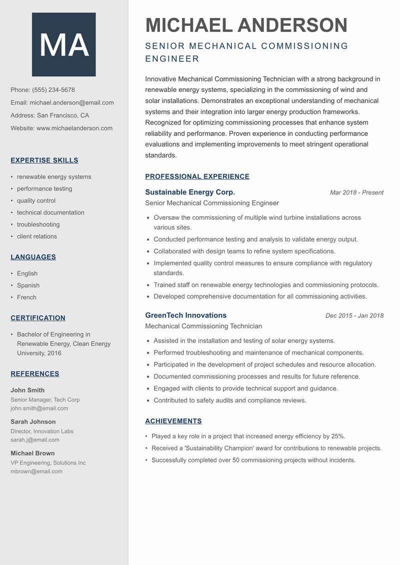 Mechanical Commissioning Technician Resume Preview Example