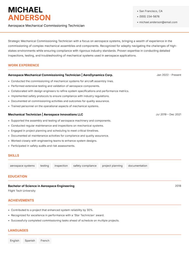 Mechanical Commissioning Technician Resume Template
