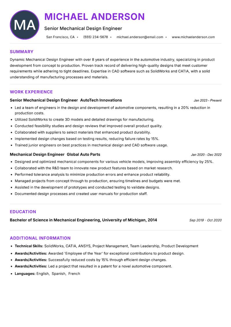 Mechanical Design Engineer Resume Preview Example