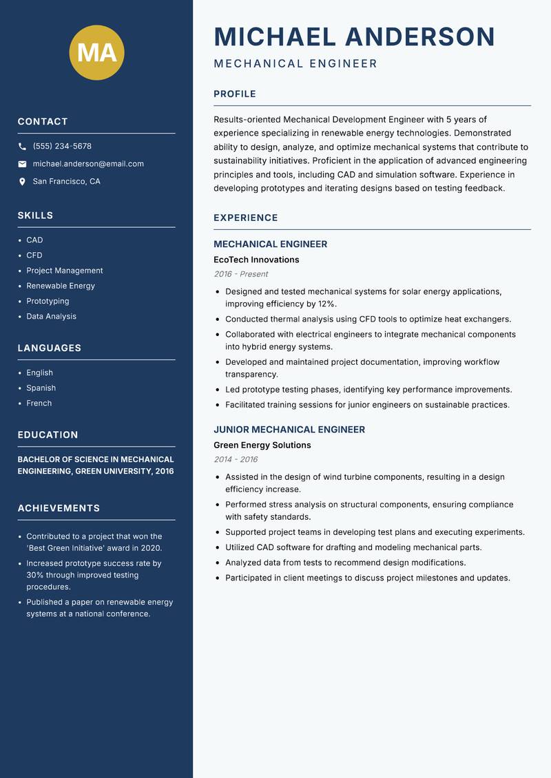 Mechanical Development Engineer Resume Preview Example