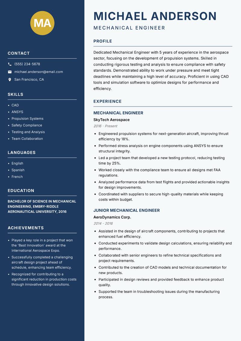 Mechanical Engineer Resume Preview Example