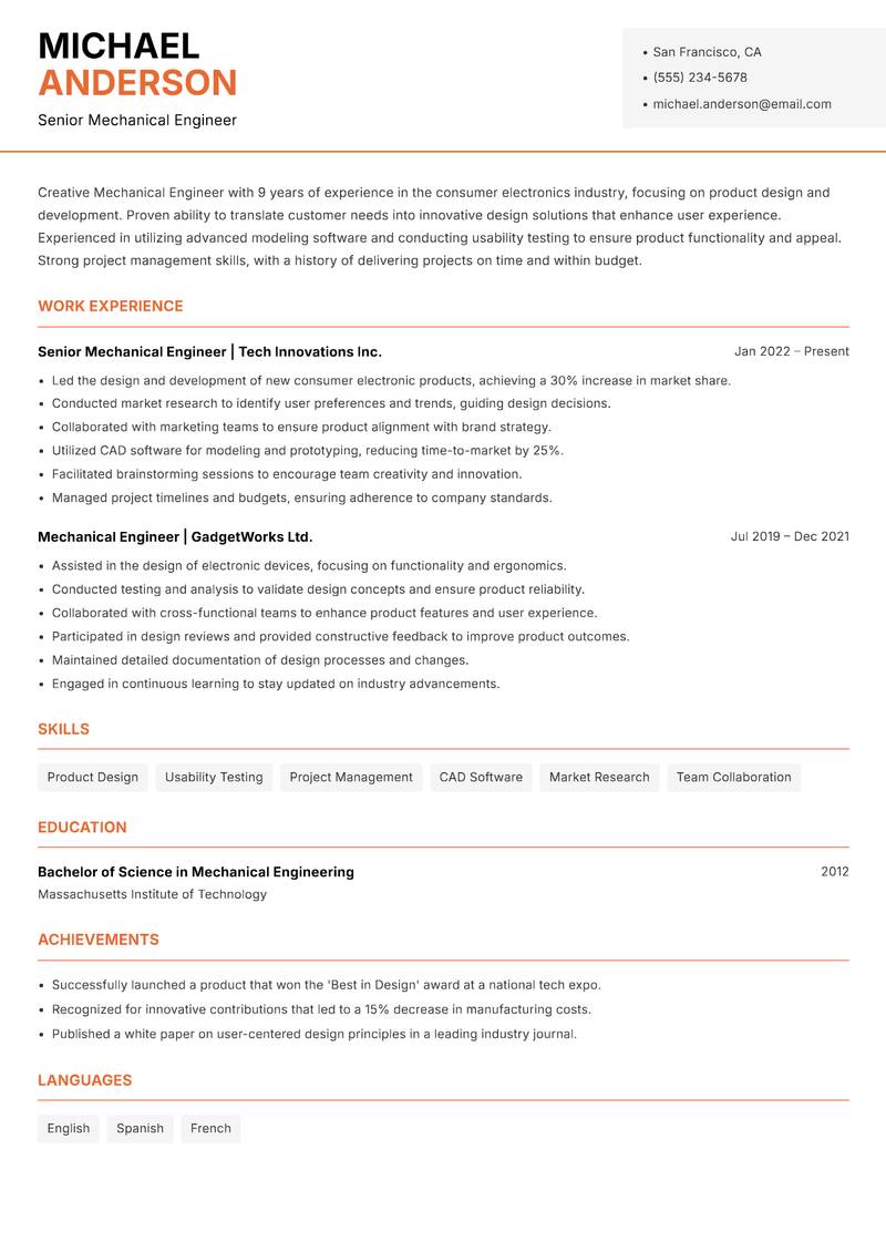 Mechanical Engineer Resume Template