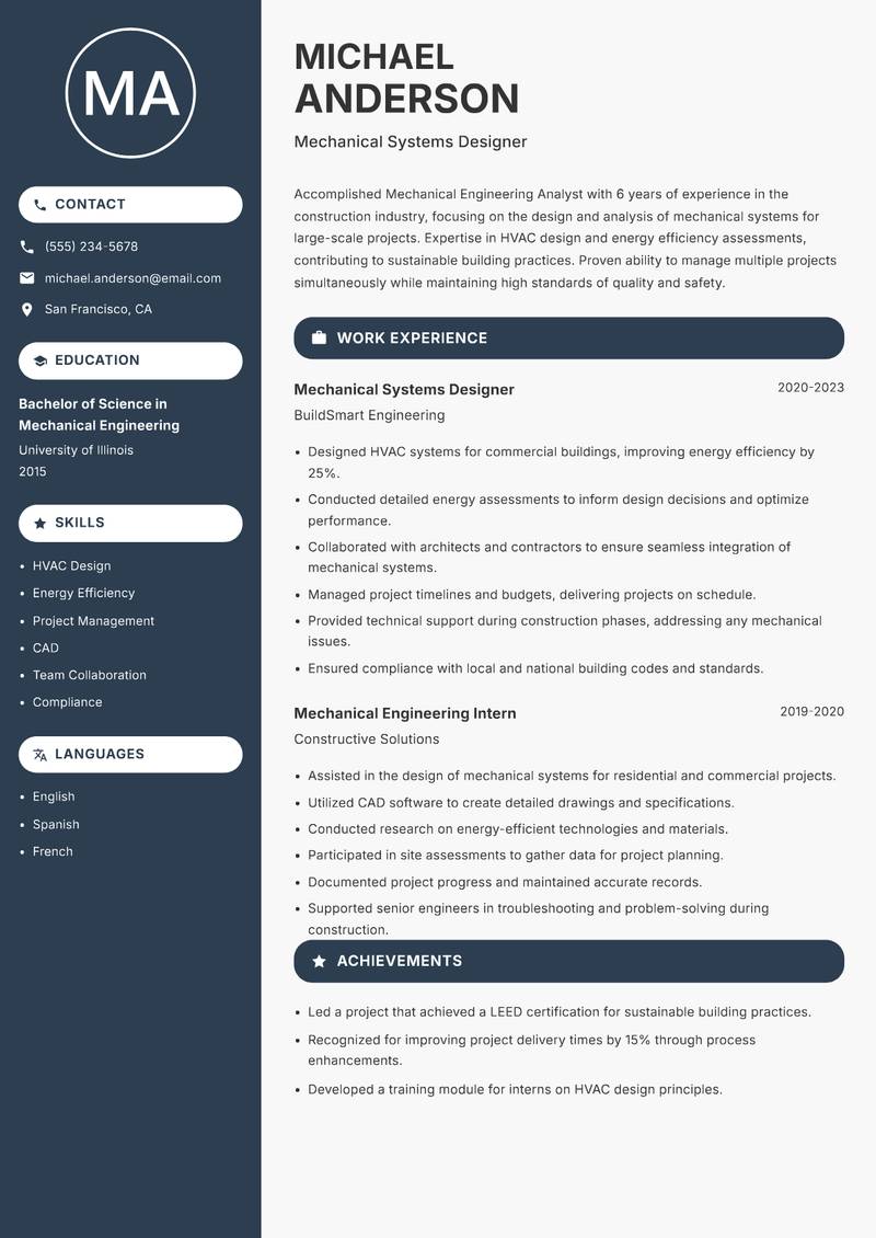 Mechanical Engineering Analyst Resume Preview Example