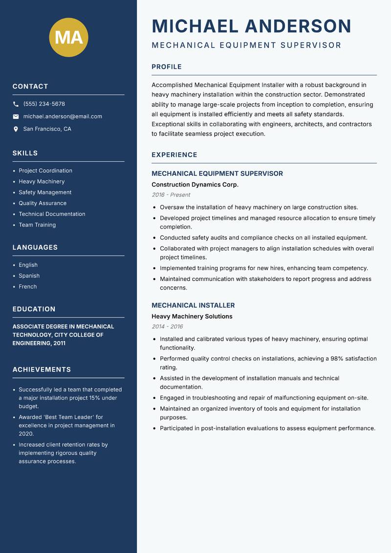 Mechanical Equipment Installer Resume Preview Example