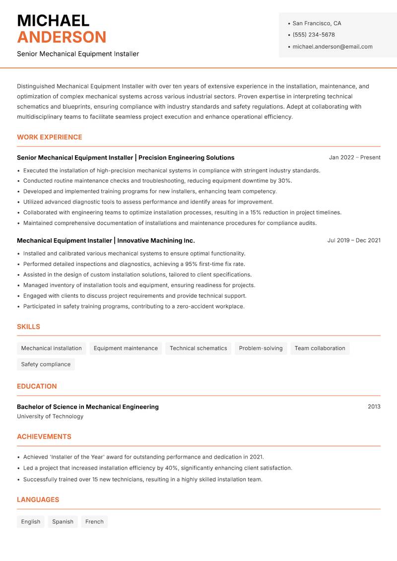 Mechanical Equipment Installer Resume Template