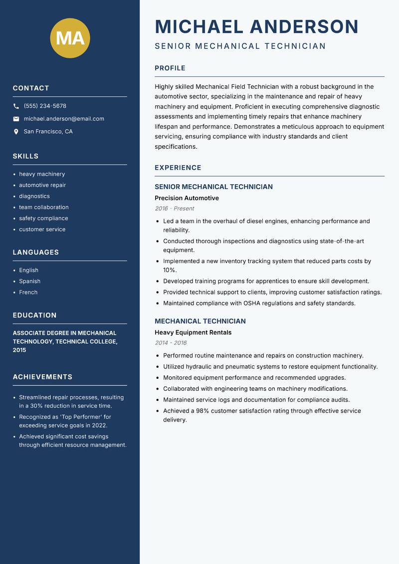Mechanical Field Technician Resume Preview Example