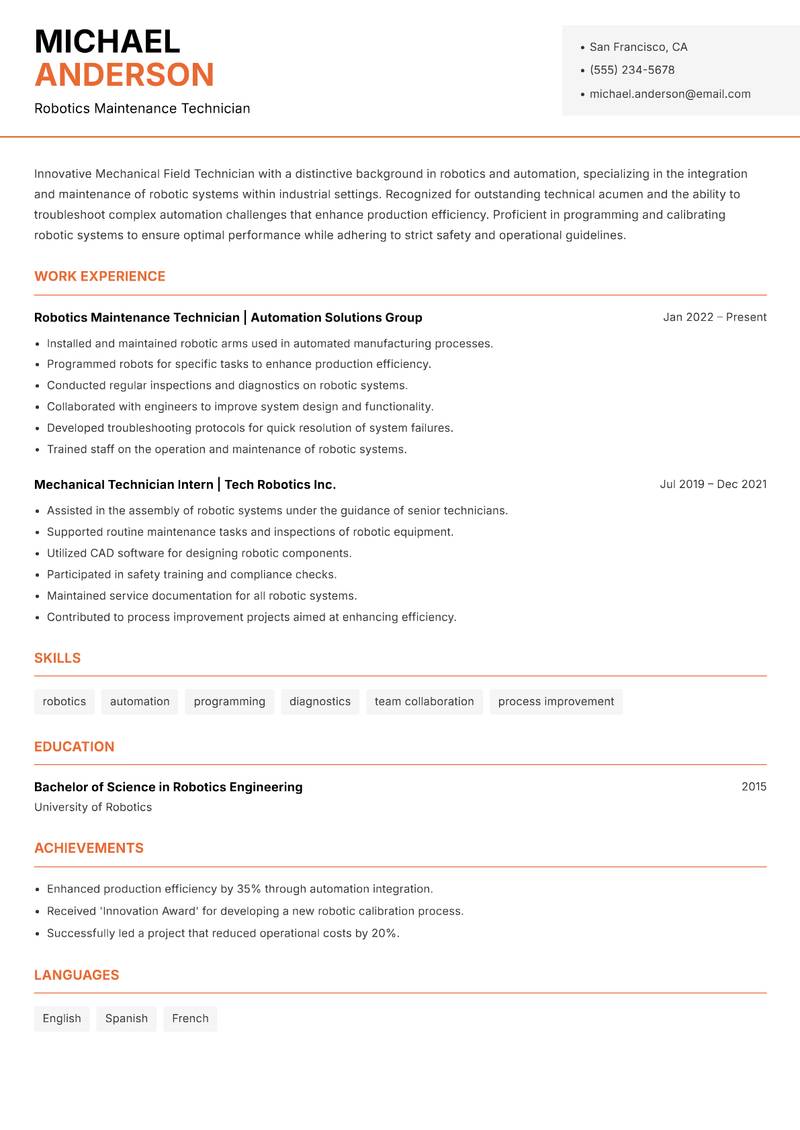 Mechanical Field Technician Resume Template