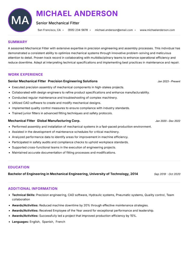 Mechanical Fitter Resume Preview Example