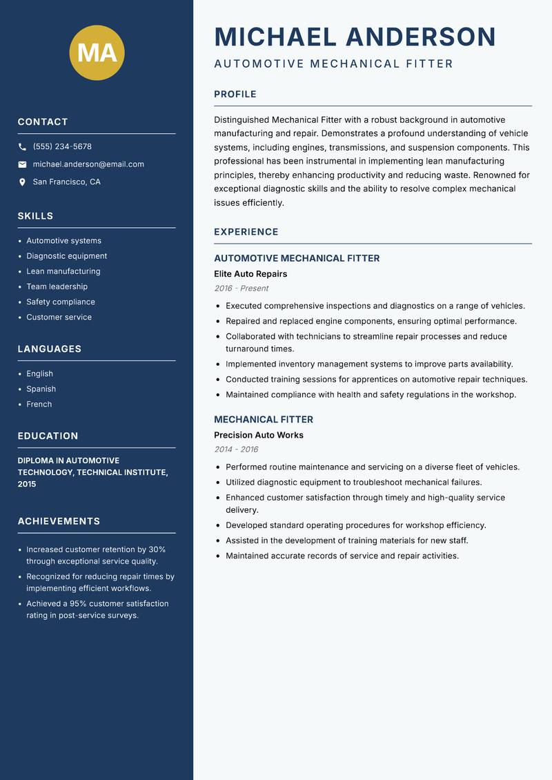 Mechanical Fitter Resume Preview Example