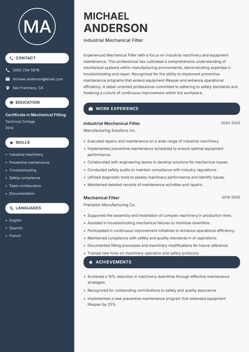 Mechanical Fitter Resume Preview Example