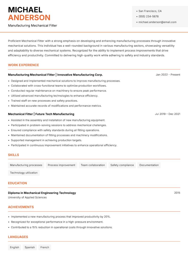 Mechanical Fitter Resume Template