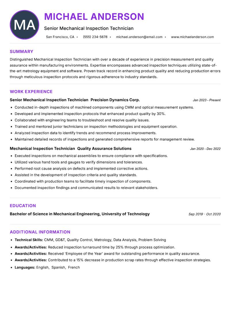 Mechanical Inspection Technician Resume Preview Example